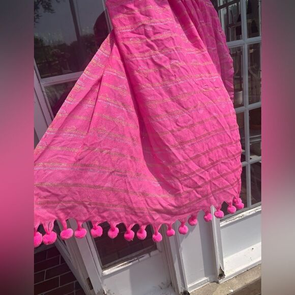 J Crew Hot Pink Metallic Pompom Scarf NWT - Picture 4 of 8